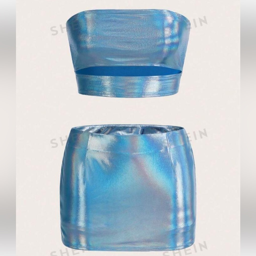SHEIN ICON Holographic Crop Tube Top & Bodycon Skirt - Blue - Medium Size 6